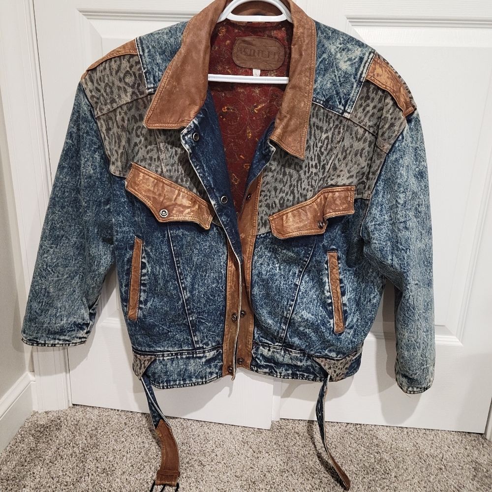 VINTAGE patch print denim leather jacket
